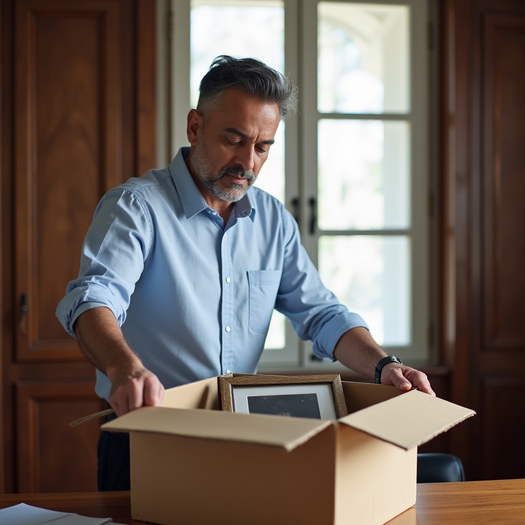 Persona guardando objetos de su escritorio en una caja de cartón
