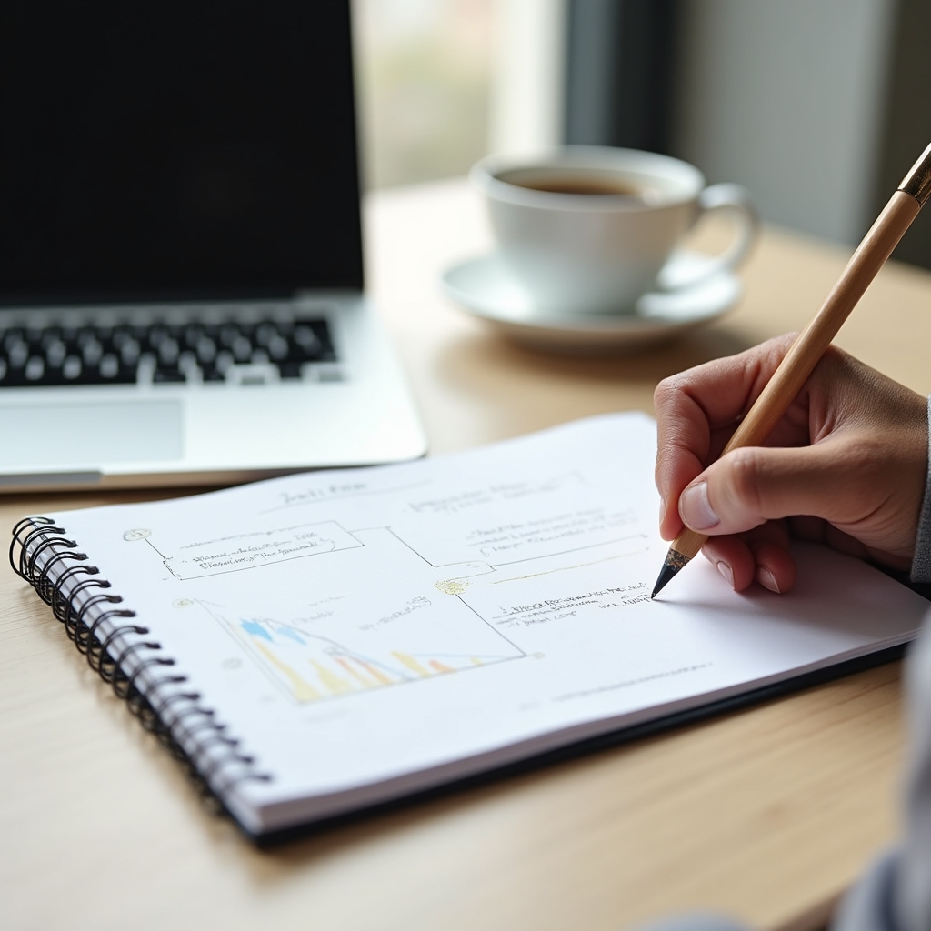 Cuaderno de notas abierto junto a un portátil sobre una mesa