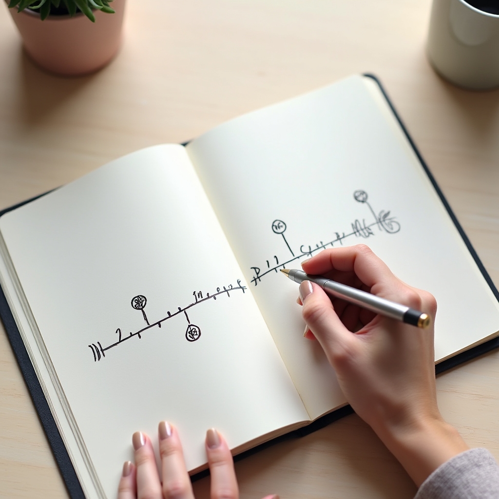 Cuaderno abierto con un cronograma de vida dibujado a mano